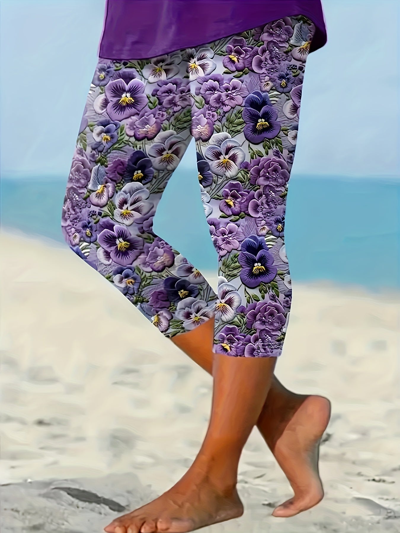 Plus Size Womens Floral Print Capri Leggings 2 Pack Stretchy Comfortable Purple Mid-Calf
