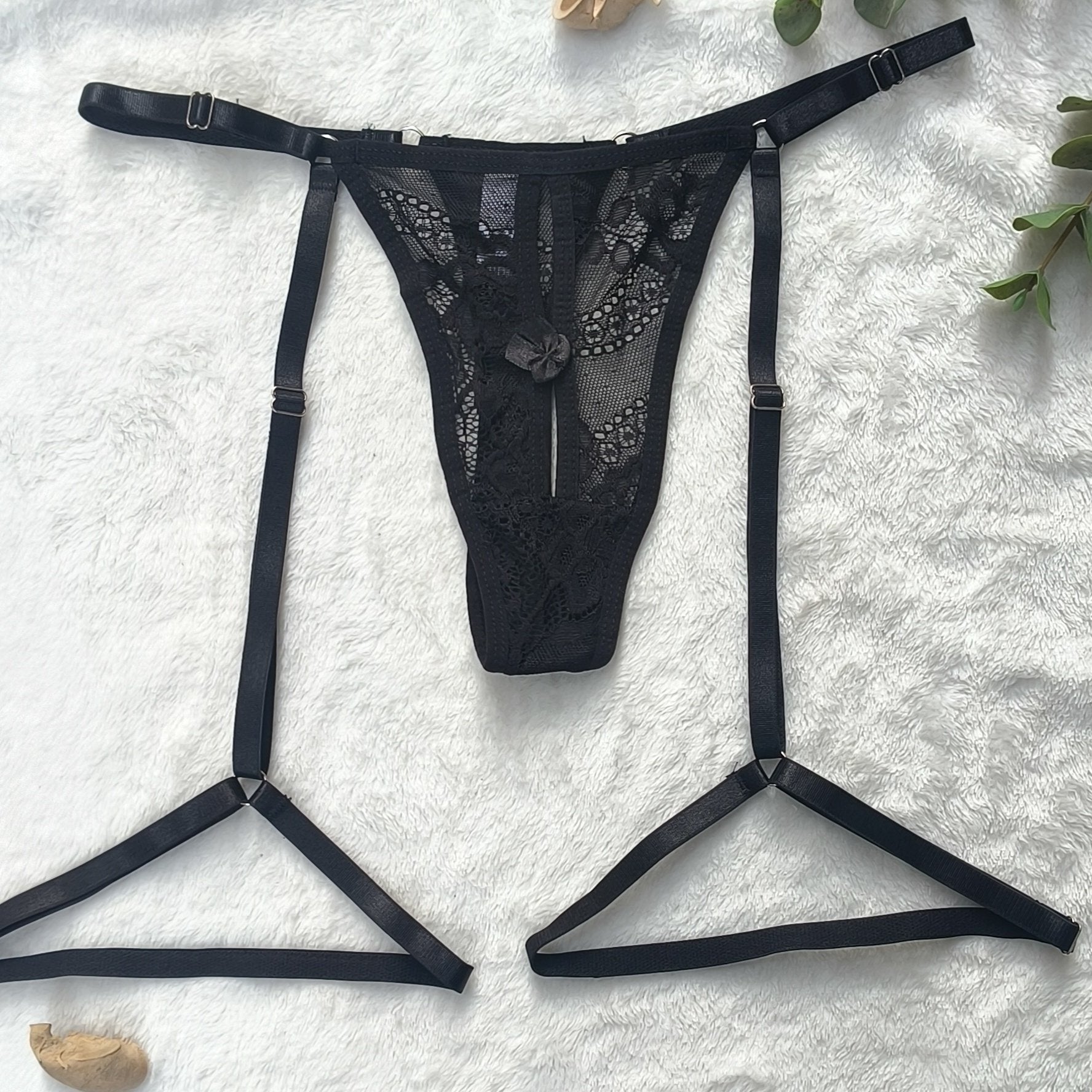 Adult Lace Contrast G-String Thong with Adjustable Straps and Drop Waist Solid Color Lingerie