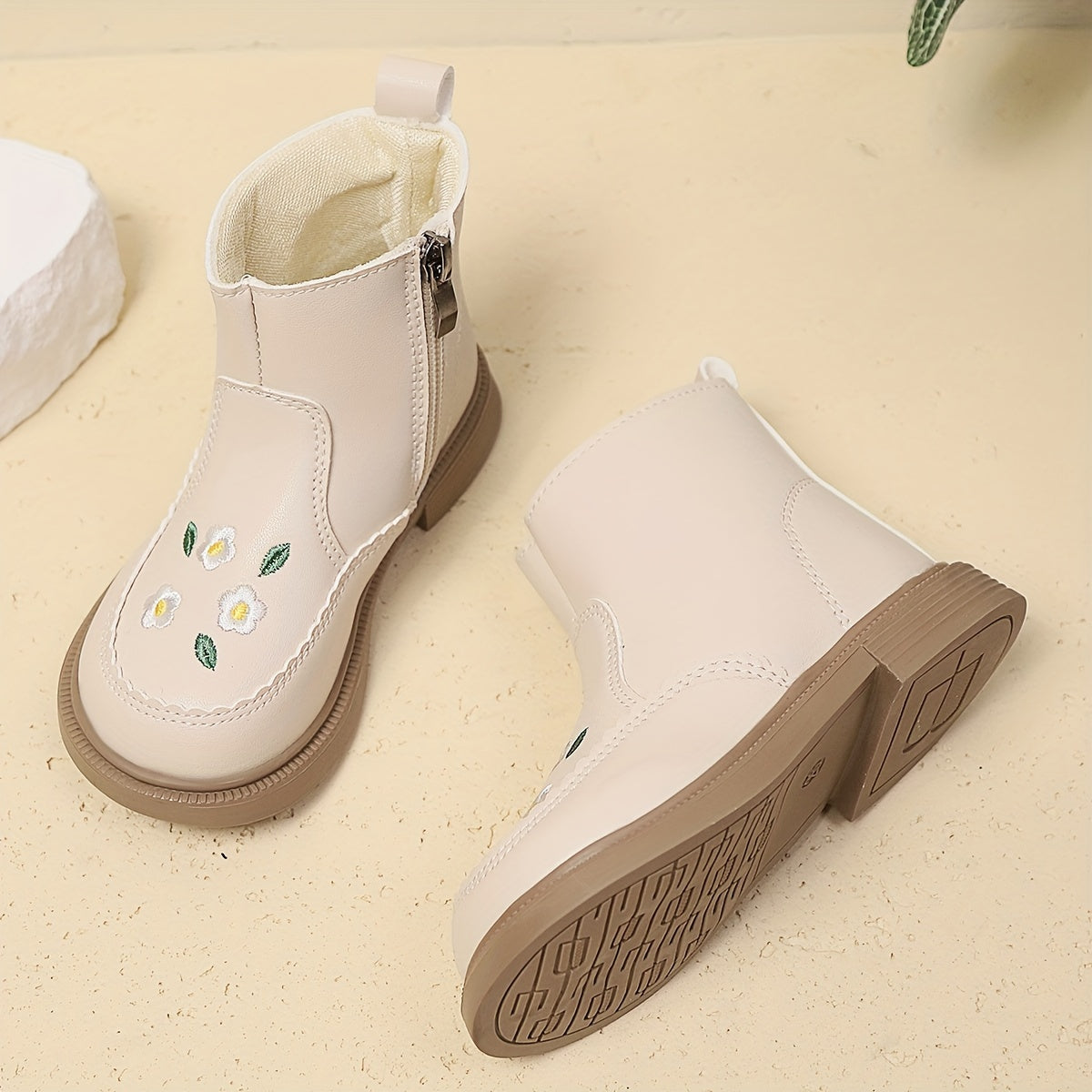 Girls Ankle Boots Floral Embroidery PU Upper Rubber Sole Zipper Closure Fall Winter