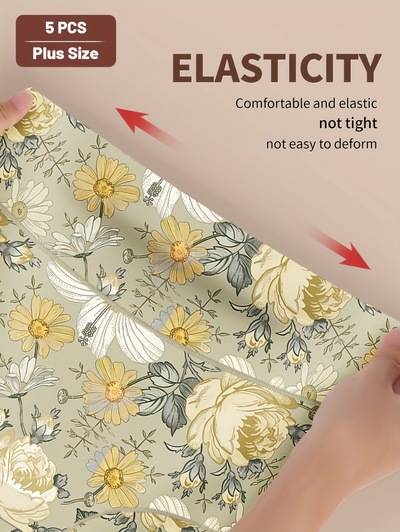 Plus Size Floral Print High-Waist Panties Tummy Control Butt Lifting 5 Pack