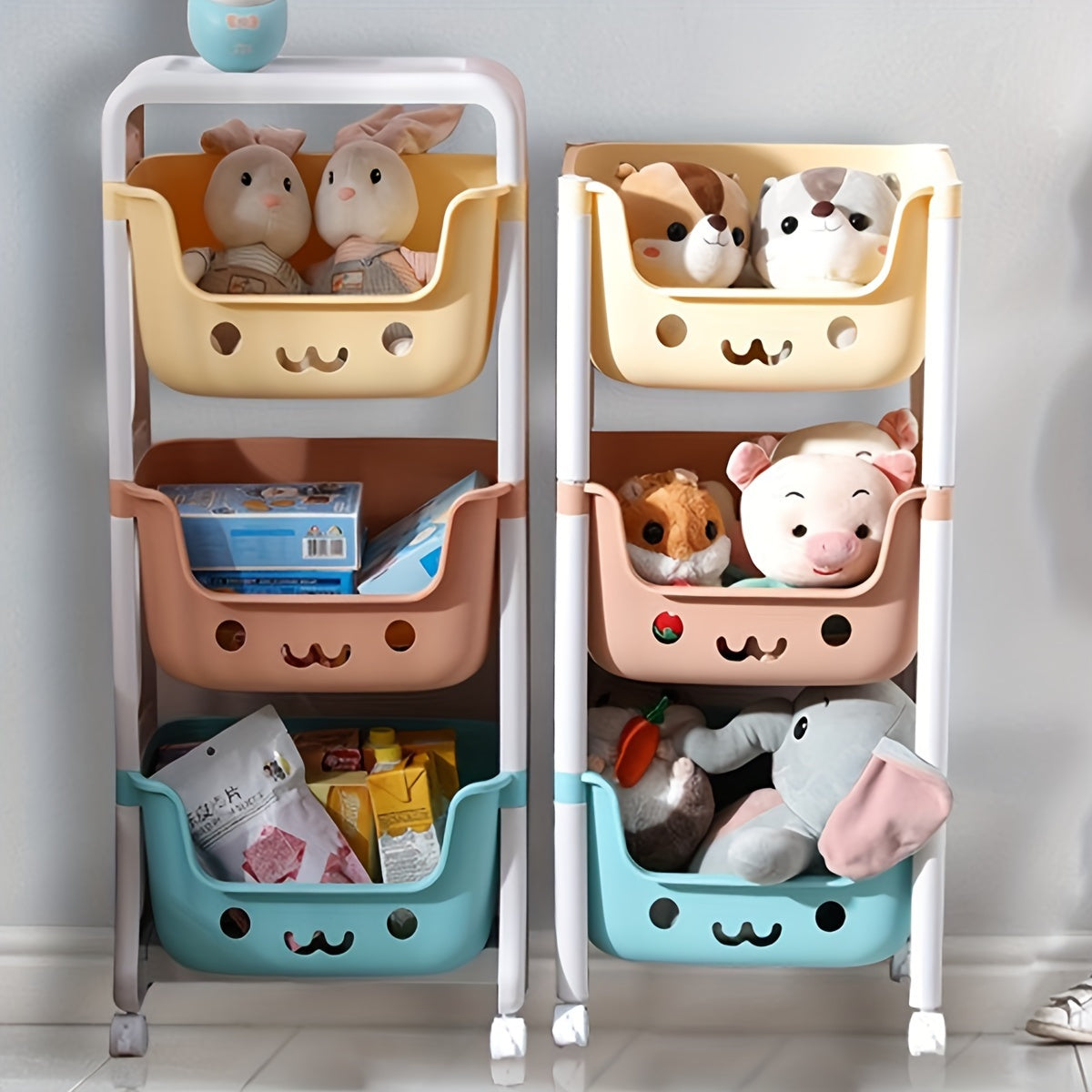 Storage Cart with Swivel Wheels for Home Organization of Snacks Toys Wipes and Books Four Tiers