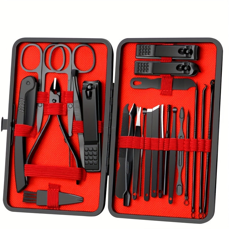 Sayqallik va qizil zanglamaydigan po'latdan tayyorlangan tirnoq parvarishi to'plami, sayohat uchun charm qoplama bilan pedikюр va manikюр uchun