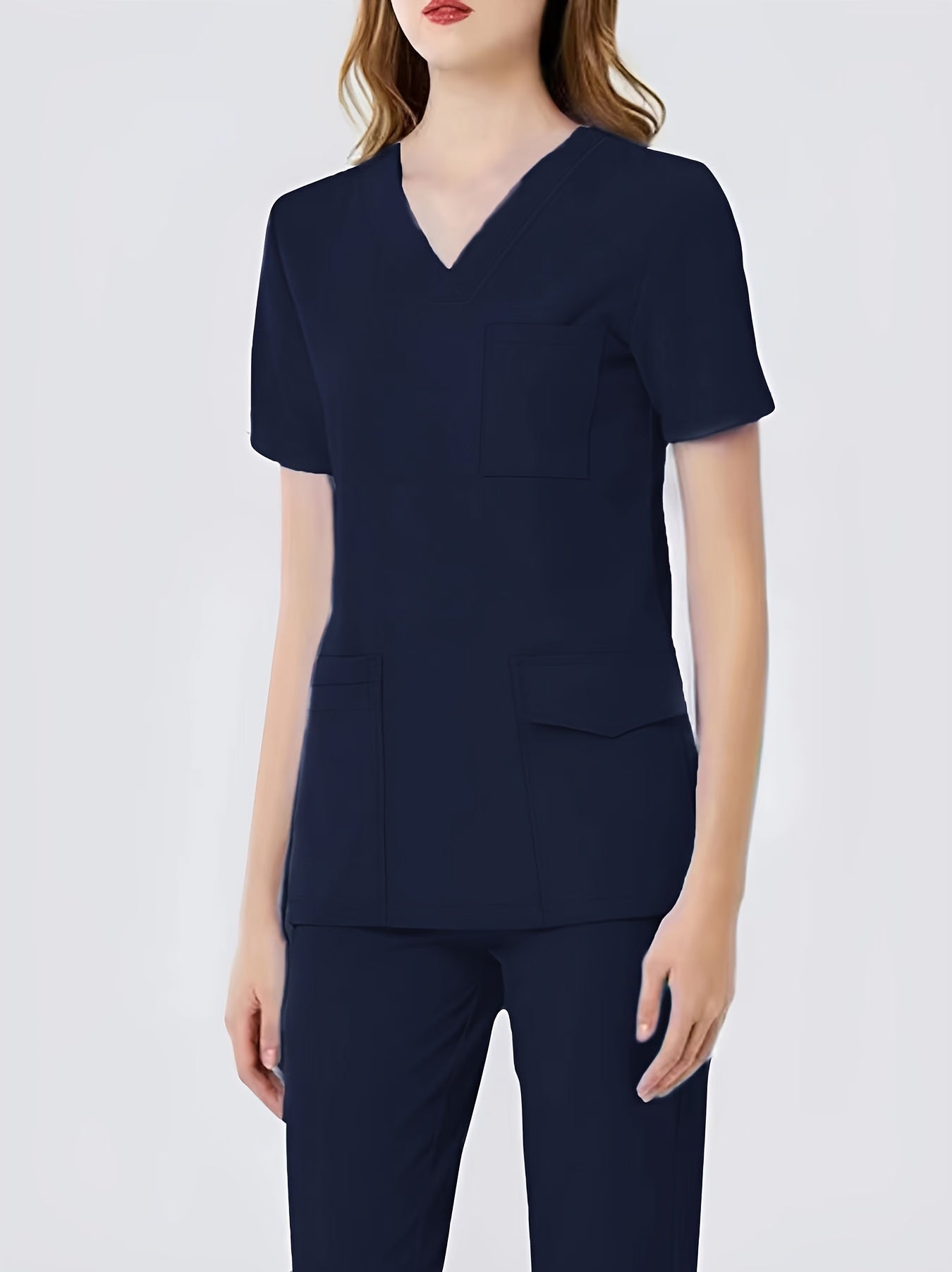 Women's Health Care Uniform Set V-Neck Top with Pockets and Solid Pants