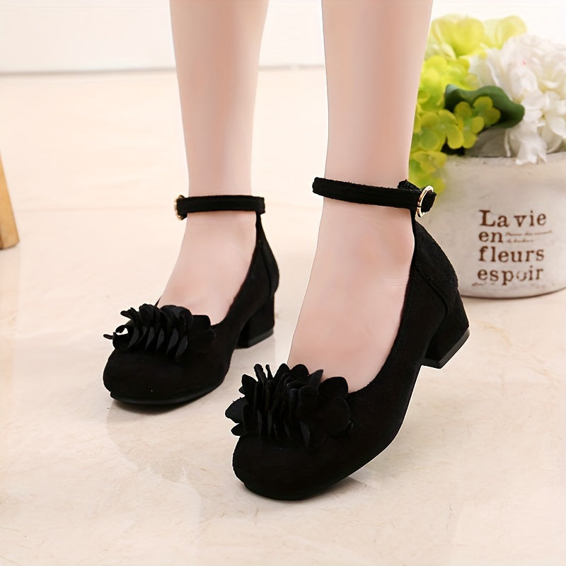 Girls Princess Heels with Flowers Tassel Block Heel PU Upper Rubber Sole for Spring Fall Age 14 and Under