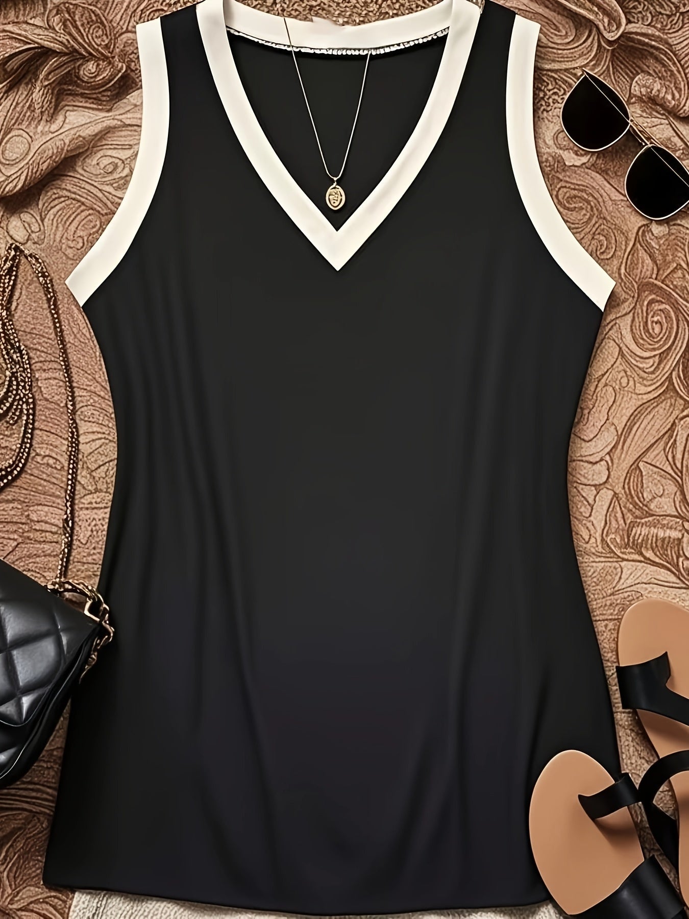 Top sin mangas con cuello en V y bloques de color para mujer talla plus