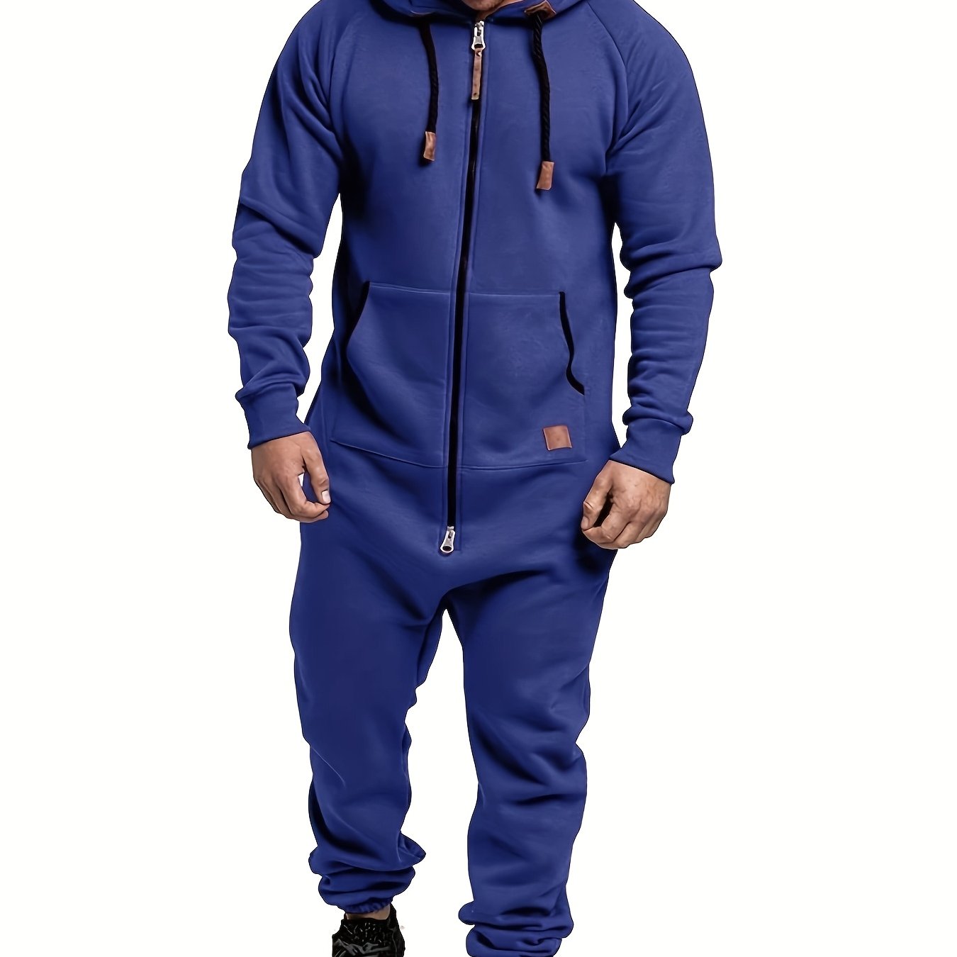 Men's Winter Pajama Jumpsuit Solid Long Sleeve Knit Polyester Hooded Pockets Comfortable Lounge Wear