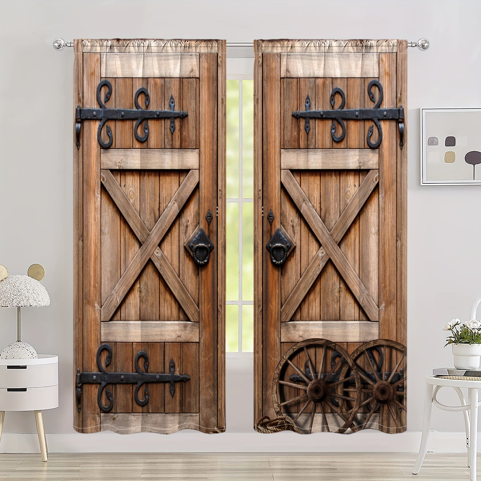 Set of 2 Rustic Wooden Door Printed Curtains for Bedroom Living Room Office Kitchen Window Treatments