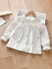 Girls' Long-Sleeve Embroidered Floral Shirt for Girls Over 3 Years Cotton Blend Spring Fall