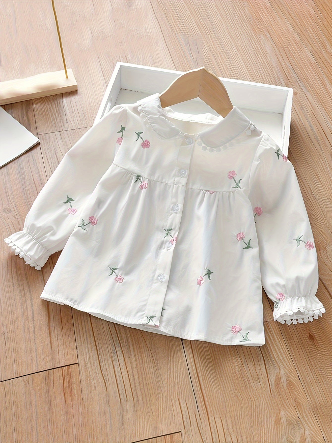 Girls' Long-Sleeve Embroidered Floral Shirt for Girls Over 3 Years Cotton Blend Spring Fall