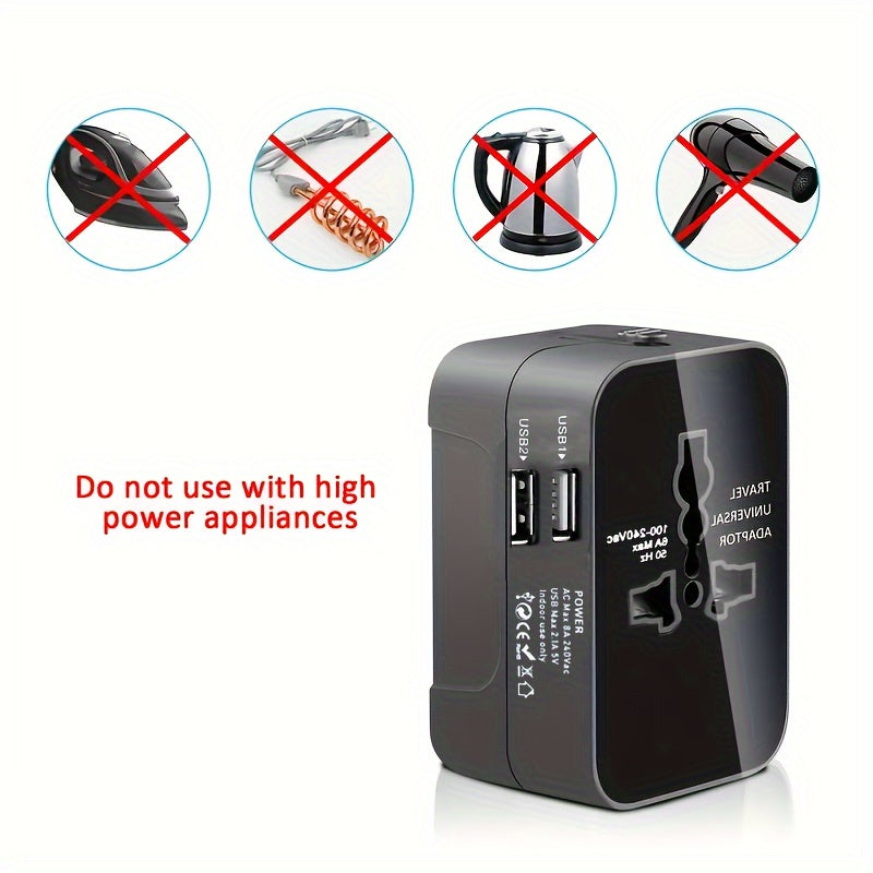 Universal Travel Adapter with Dual USB Ports for Phones and Laptops 110V 220V Worldwide Compatibility