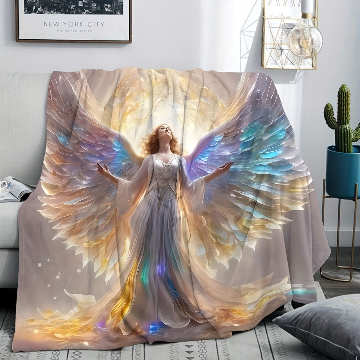 3D Printed Angel Flannel Blanket Soft Warm Polyester Vintage Knitted Throw for All Seasons
