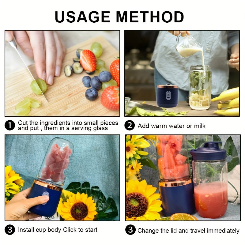 Smoothie, kokteyl va sharbatlar uchun portativ 1 dona blender, USB orqali zaryadlanadigan ikki quvvatli, oziq-ovqat darajasidagi PP va plastik materiallardan tayyorlangan, 36V ishlash voltaji.