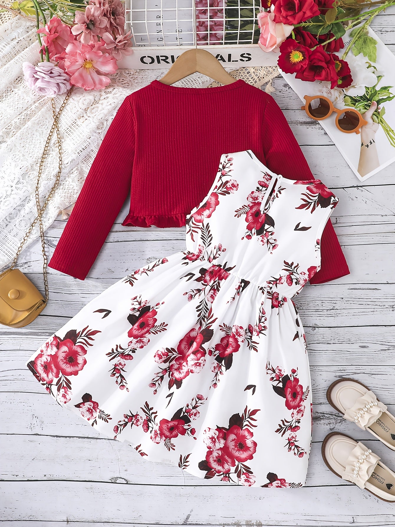 Girls' 2-Piece Floral Sundress and Ruffle Cardigan Outfit for Spring Fall Casual