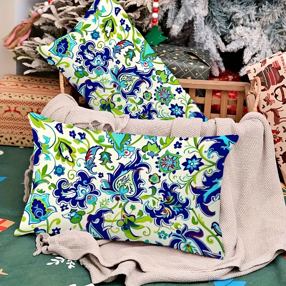 Set of Two Turkish Floral Pattern Pillow Covers 30x50 cm Double-Sided Plush Polyester