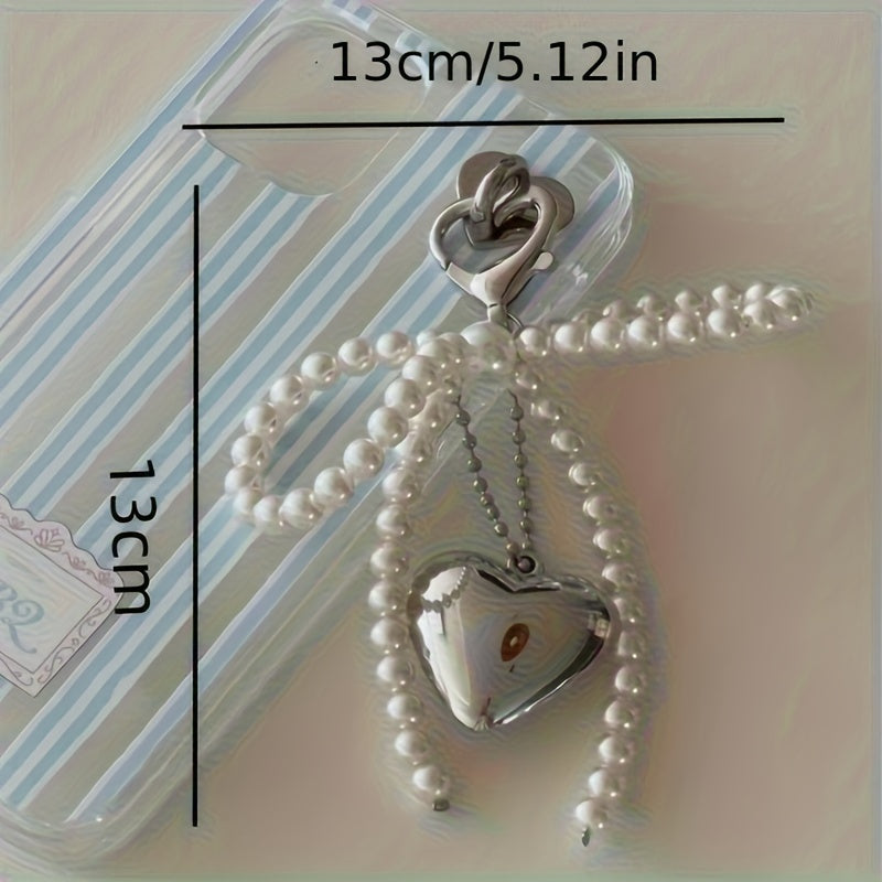 Large Heart-Shaped Metal Pendant with Pearl Bow for Women Girls Mobile Phone Camera Bag Keychain