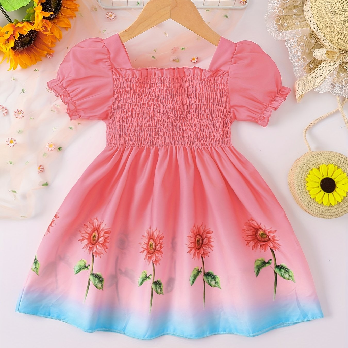 Girls Summer Ombre Sunflower Pattern Princess Dress for Kids Casual 4th of July