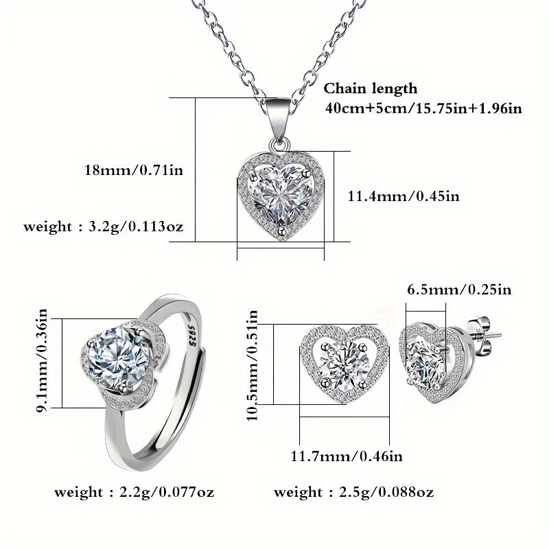 Conjunto de joyería de plata de ley con corazón, collar, pendientes y anillo de zirconia sintética para el Día de San Valentín o boda