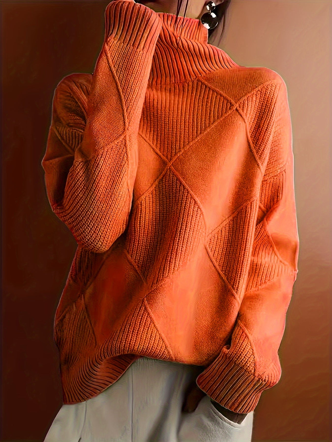 Plus Size Women's High-Neck Sweater Polyester Long Sleeve Pullover Warm Top