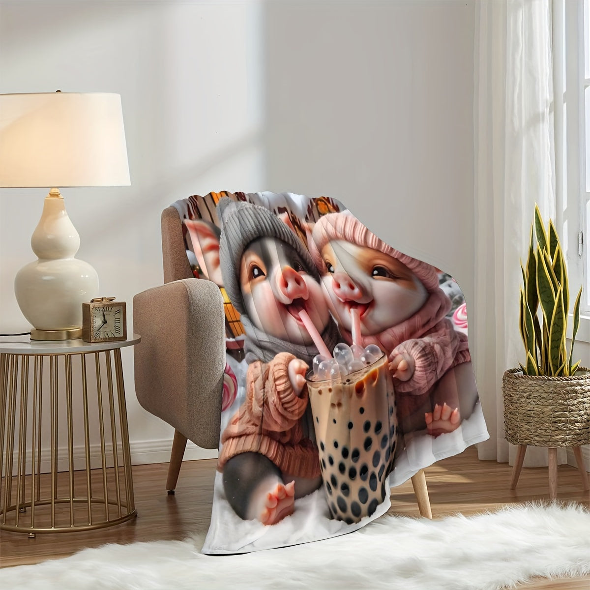 Yoqimli cho'chqa Buble Choy Yostiqchasi Flanel Barcha mavsumlar uchun to'qilgan hayvonlar mavzusi bolalar va kattalar uchun