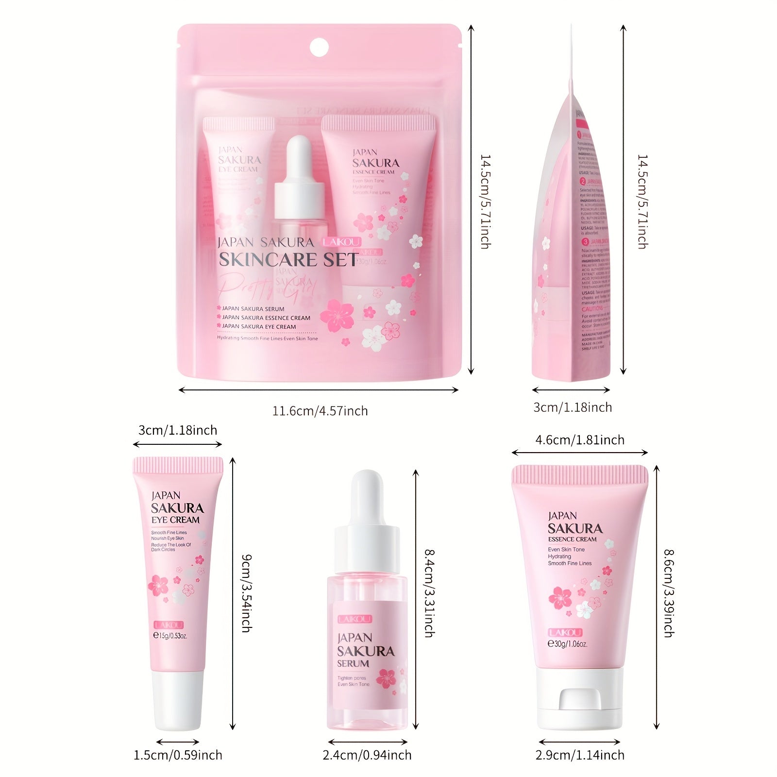 Japanese Cherry Blossom Skincare Set for All Skin Types Includes Serum Eye Cream and Face Cream