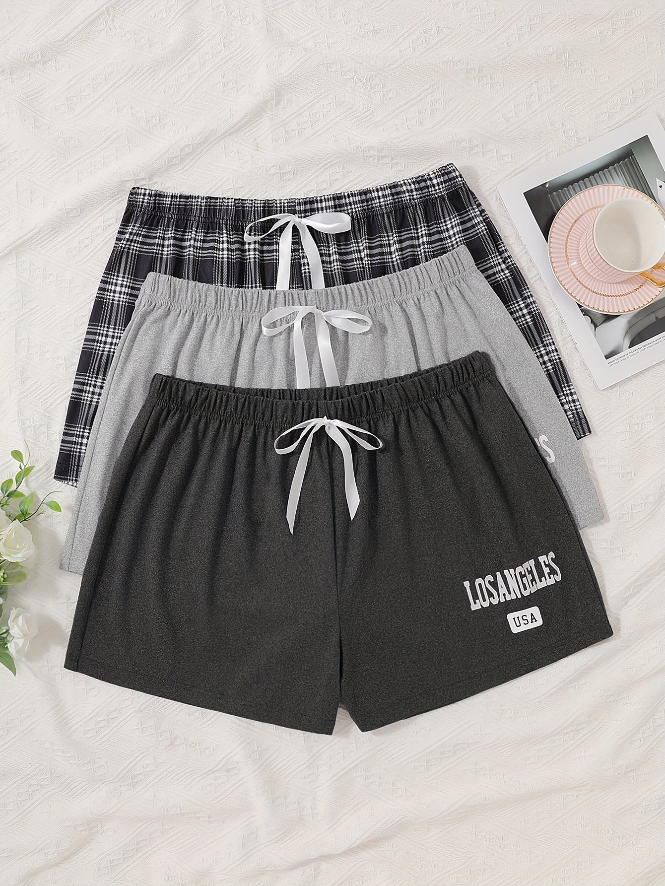Women's Plus Size Lounge Sleep Shorts with Plaid and Letter Print