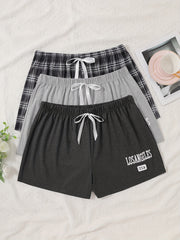 Women's Plus Size Lounge Sleep Shorts with Plaid and Letter Print