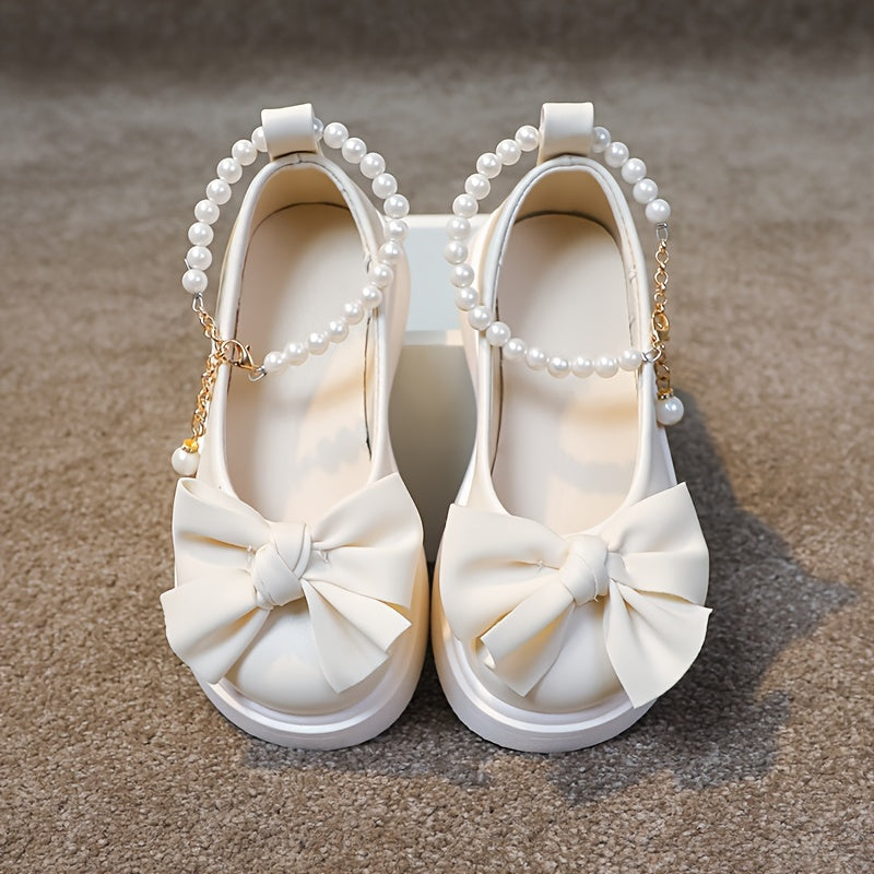 Girls' PU Mary Jane Flats with Pearl and Bow Accents for Parties and Casual Wear