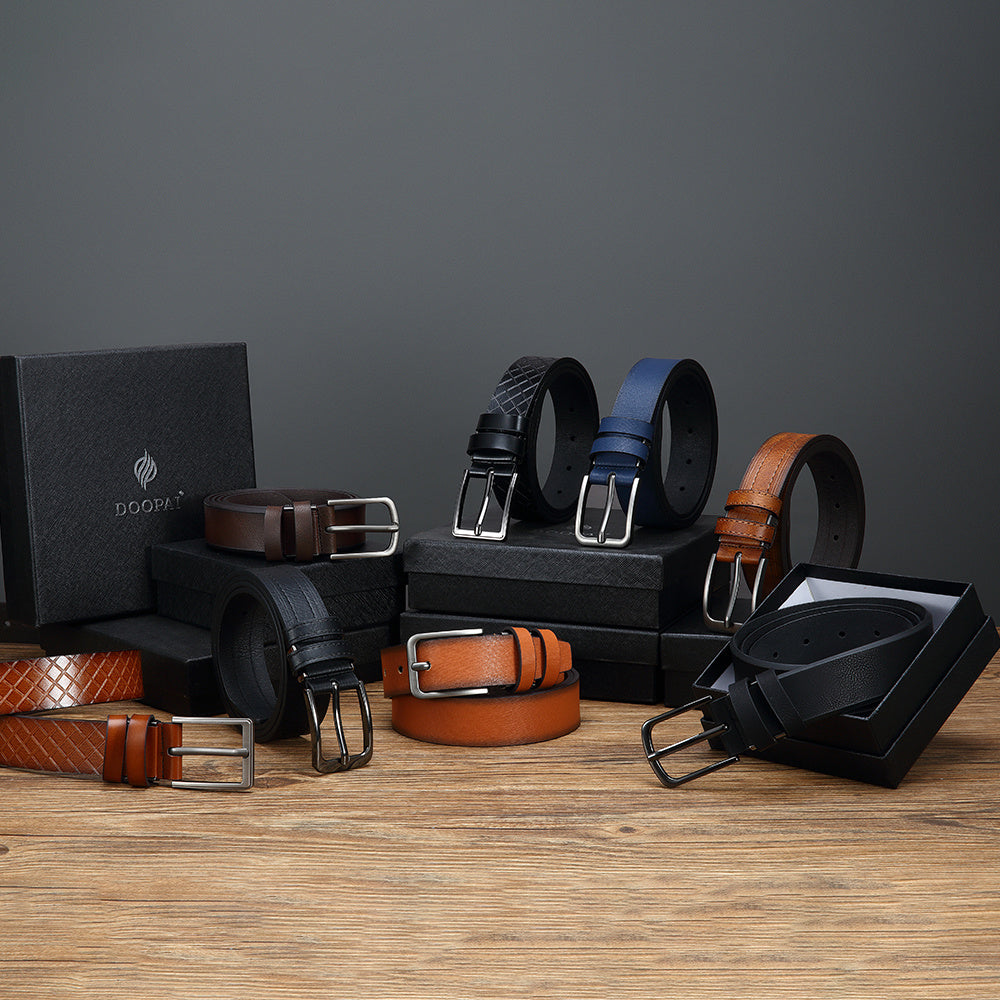 Men's Genuine Leather Belts Adjustable 3.17cm Width Square Buckle for Jeans Dress Pants Black Brown Set