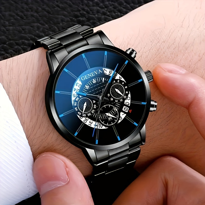 Men's Black Stainless Steel Quartz Watch with Round Zinc Alloy Case and Pointer Display