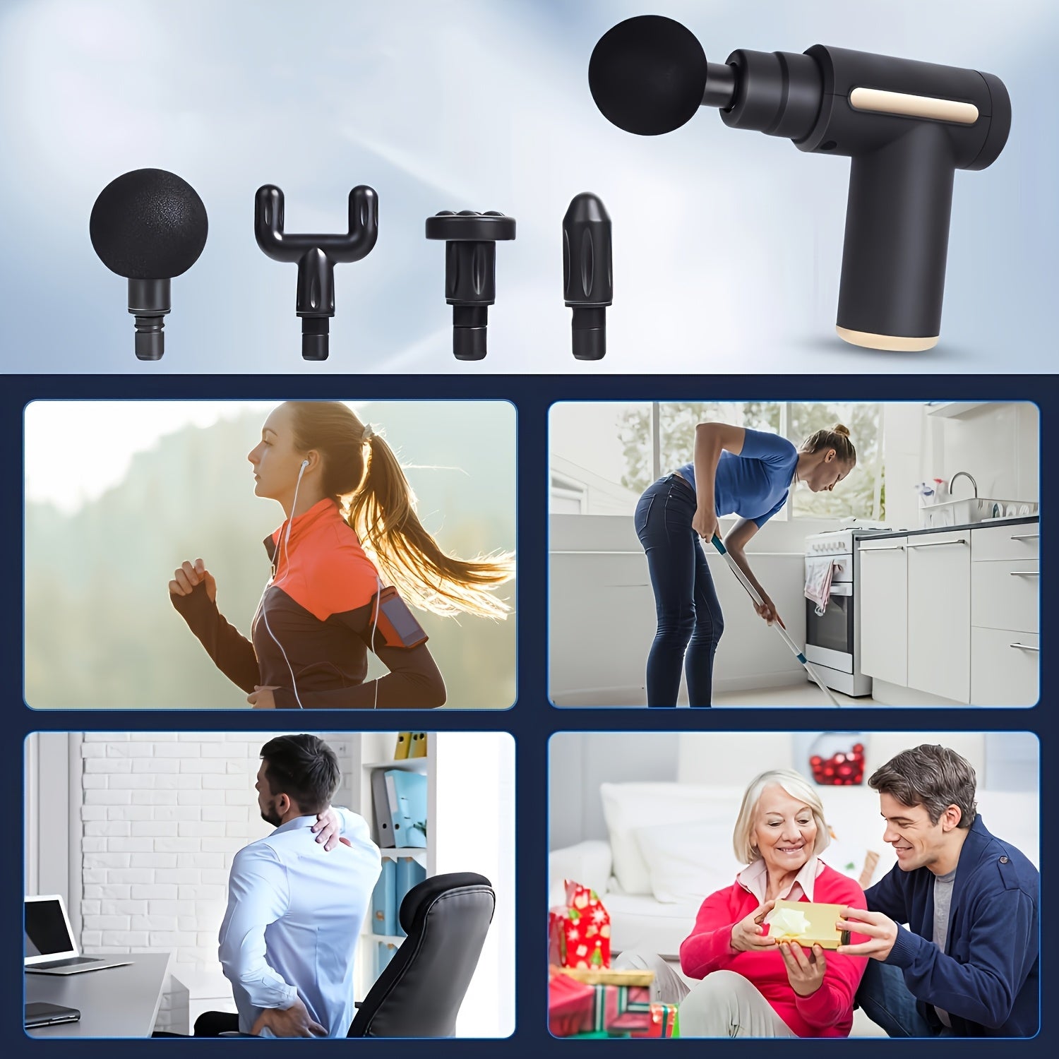 Portativ LCD massaj quroli, USB zaryadlash, mustahkam ABS material, 4 almashtiriladigan bosh, raqamli ko'rsatkich, ergonomik tutqich - fitnes, ochiq havoda foydalanish, bayram sovg'alari uchun ideal (Qora &