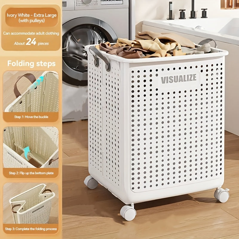 White Ceramic-Style Laundry Basket with Wheels Large Capacity Ventilated Portable