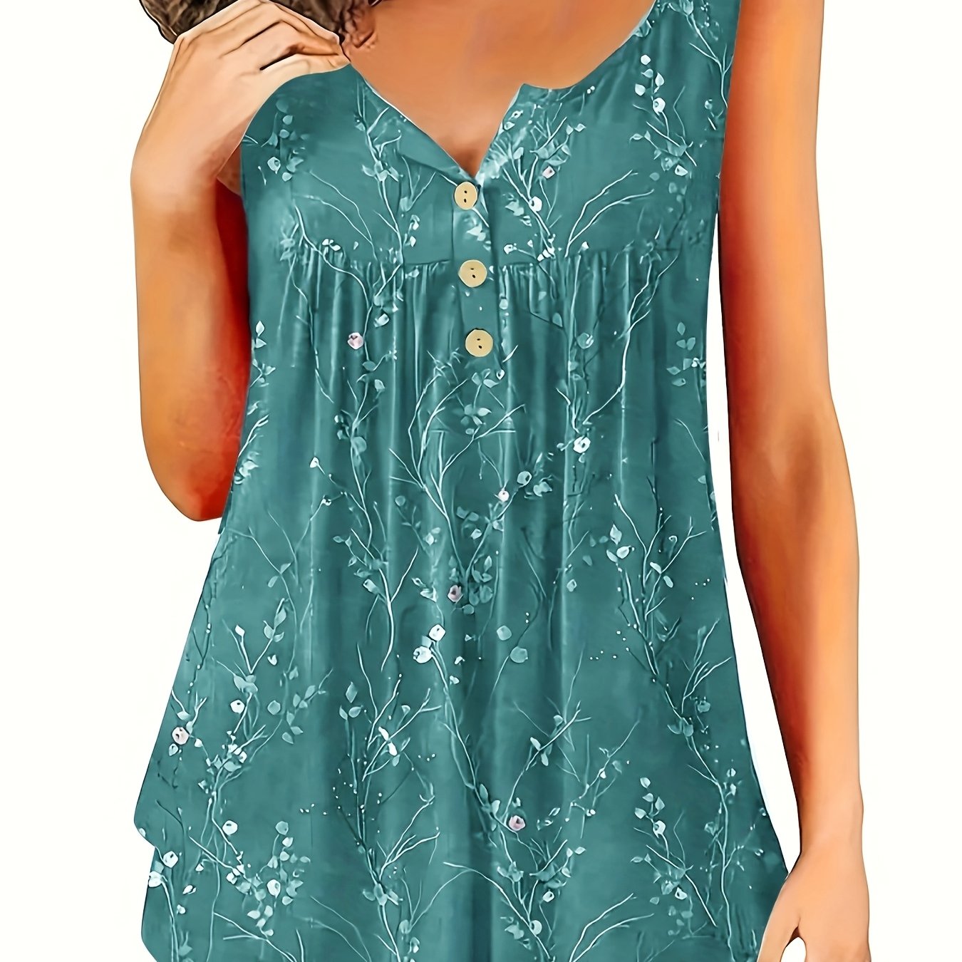 Plus Size Tank Top with Pleats and Button Front for Women