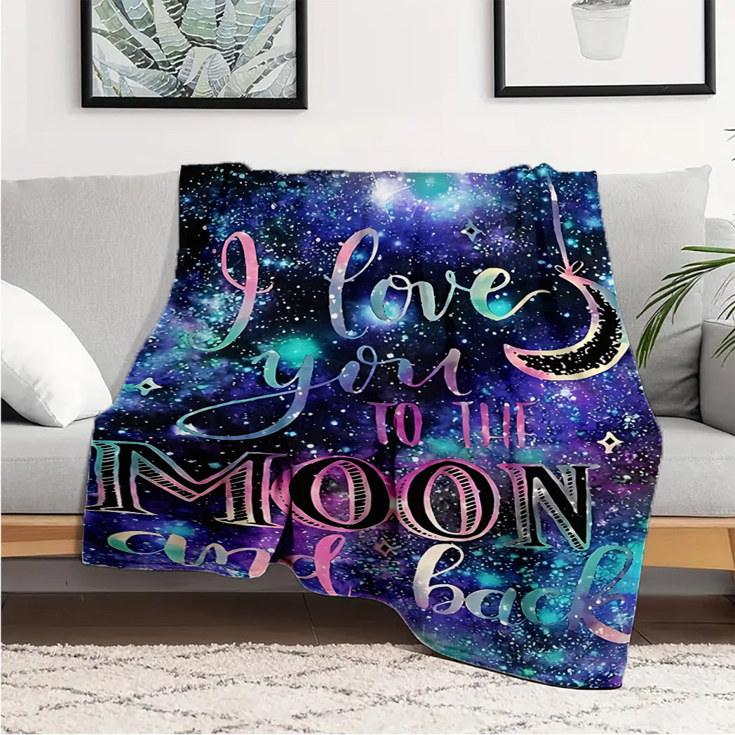 Flannel Blanket with "I Love You to The Moon and Back" Print Soft All-Season Polyester 250-300gsm
