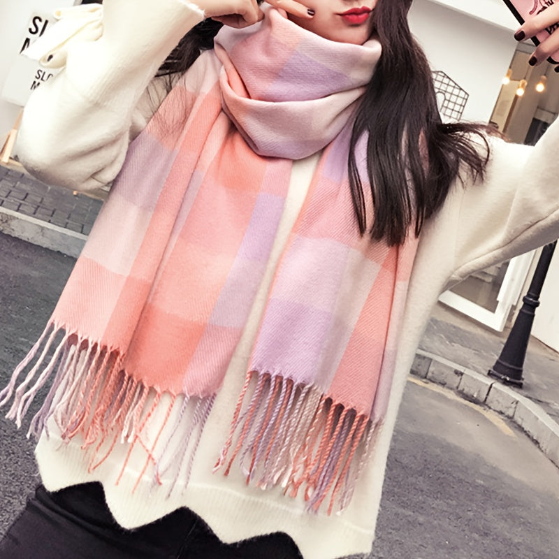 Stylish British-Inspired Plaid Scarf Set for Couples Warm Winter Shawls Blue White Pink