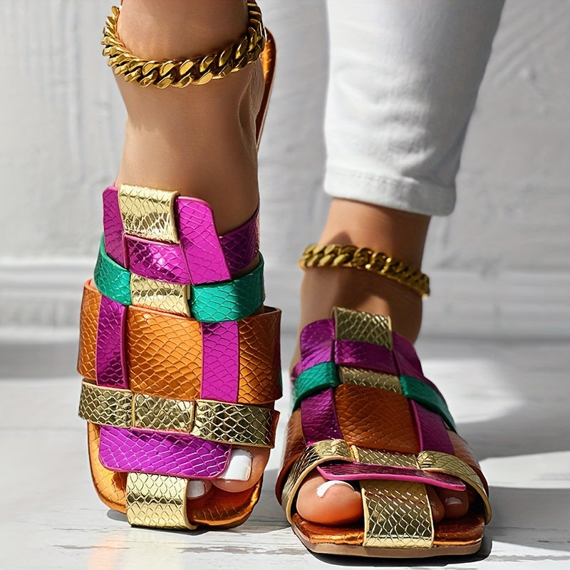 Women's Color-Block Faux Leather Slip-On Square Toe Sandals with Gold and Purple Accents