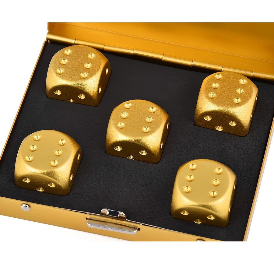 Set of 5 Gold Aluminum Alloy Dice with Storage Box for Party Games