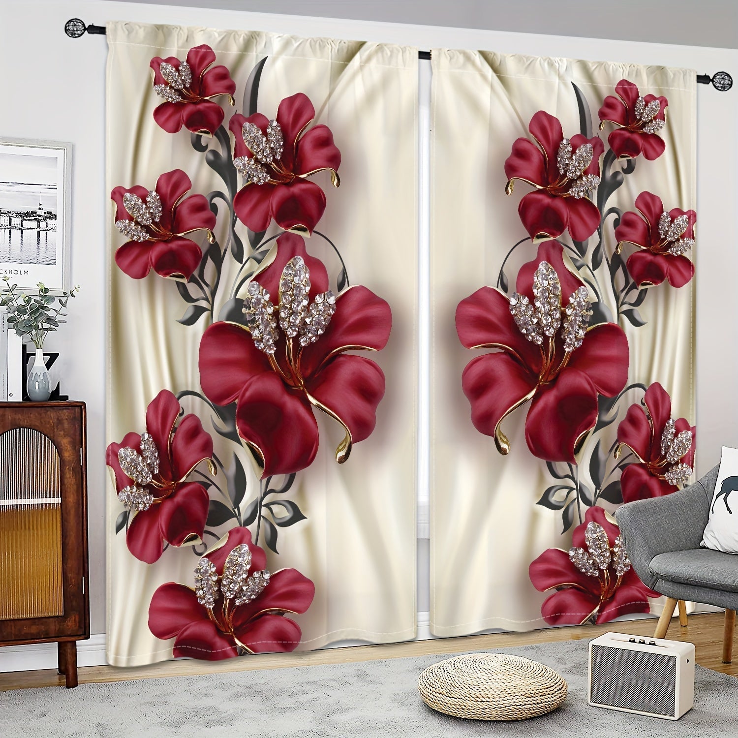 Red Rose Blackout Curtains Polyester Rod Pocket for Bedroom Living Room Office