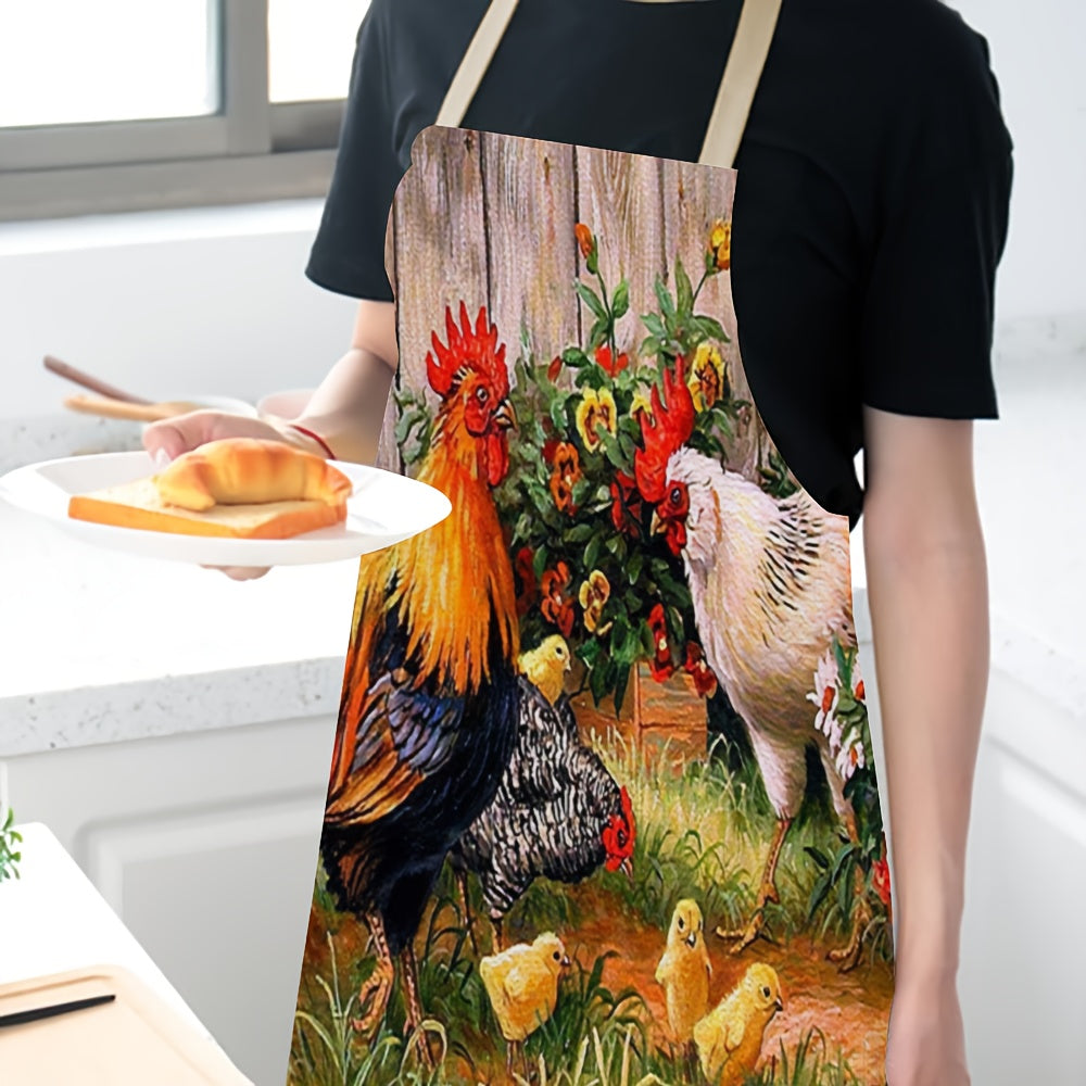 Linen Apron with Soft Rooster Print and Thickened Waist for Kitchen and Housework