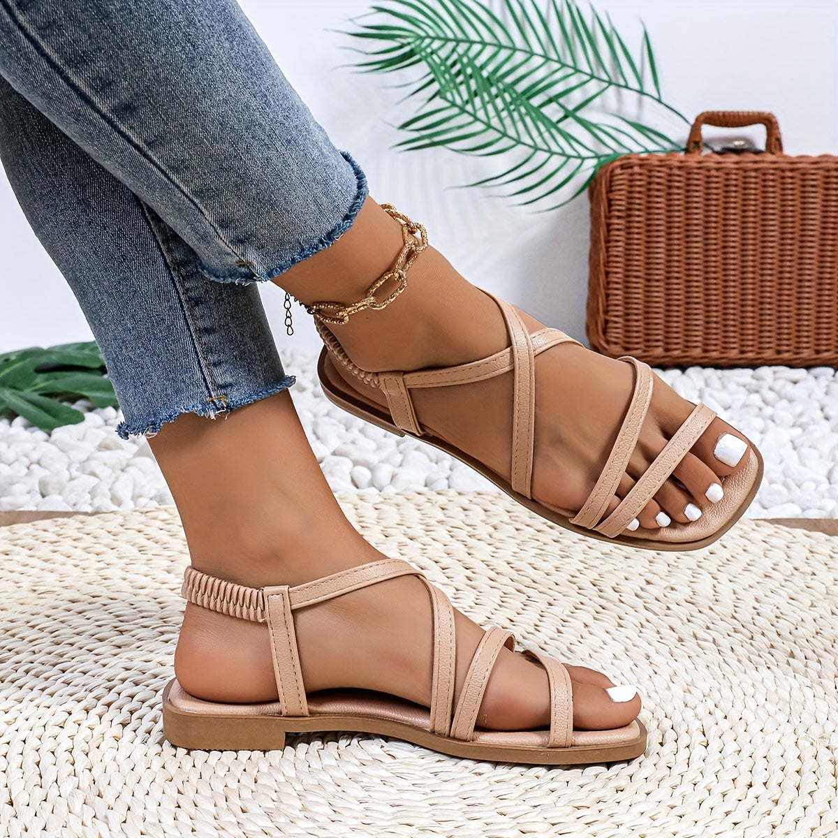 Women Slip-On Roman Shoes Faux Cover Black Strappy Casual Footwear