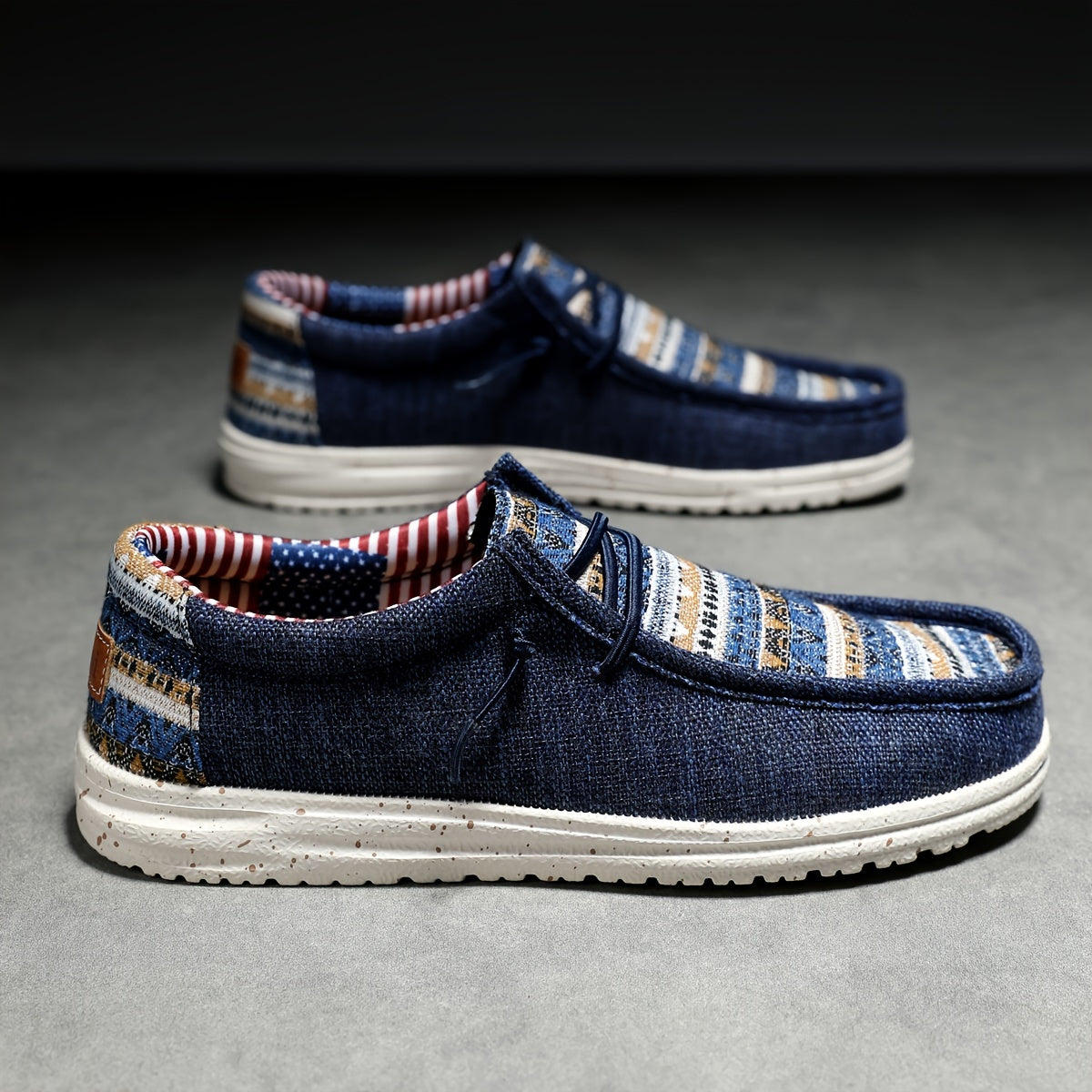 Men's Striped Fabric Slip-On Loafers Casual All-Season with Elastic Laces