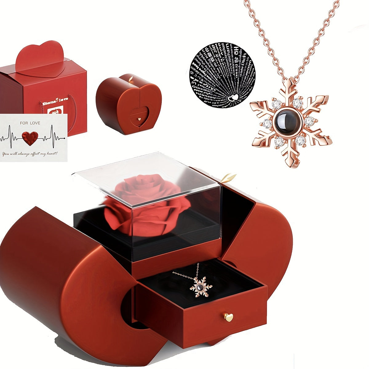 Snowflake Projection Necklace Jewelry Set with Red Rose Gift Box for Women
