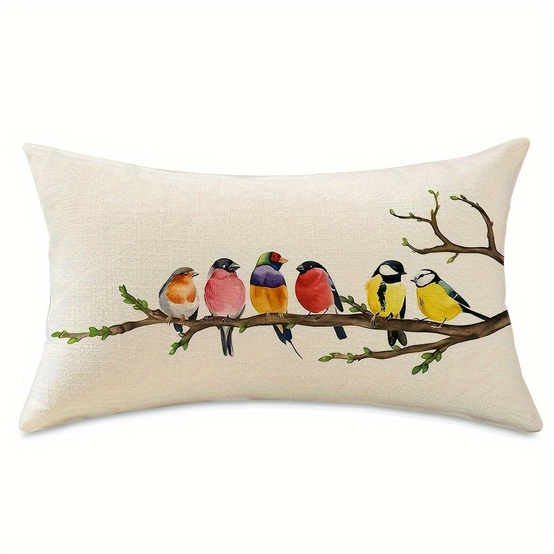 Bird and Floral Throw Pillow Cover 12x20 Inches Zippered Polyester Farmhouse Decor