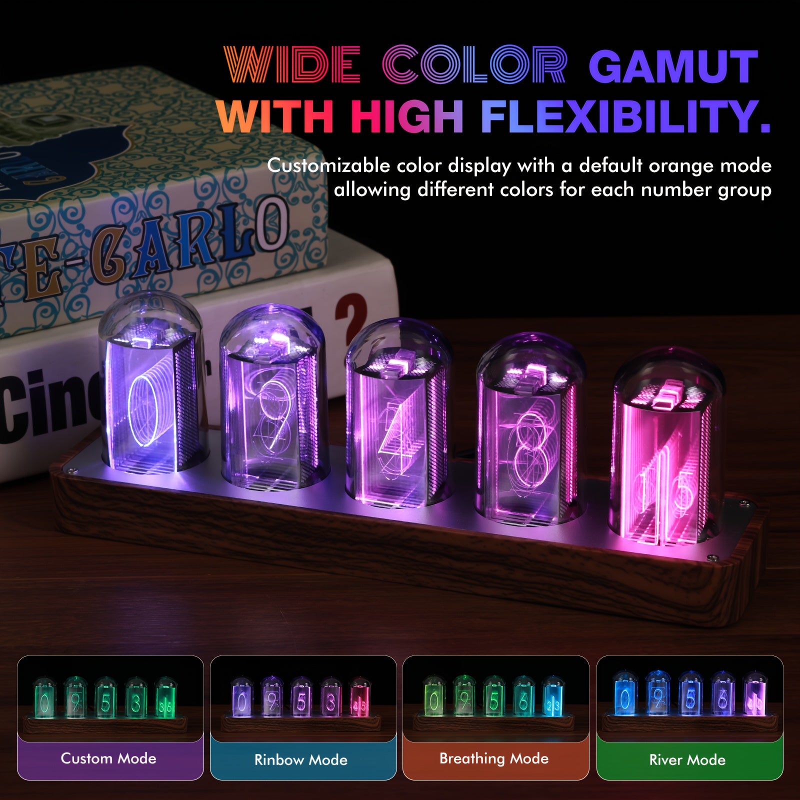 Digital Nixie Tube Clock with Wi-Fi Calibration Alarm and RGB Display in Walnut Finish