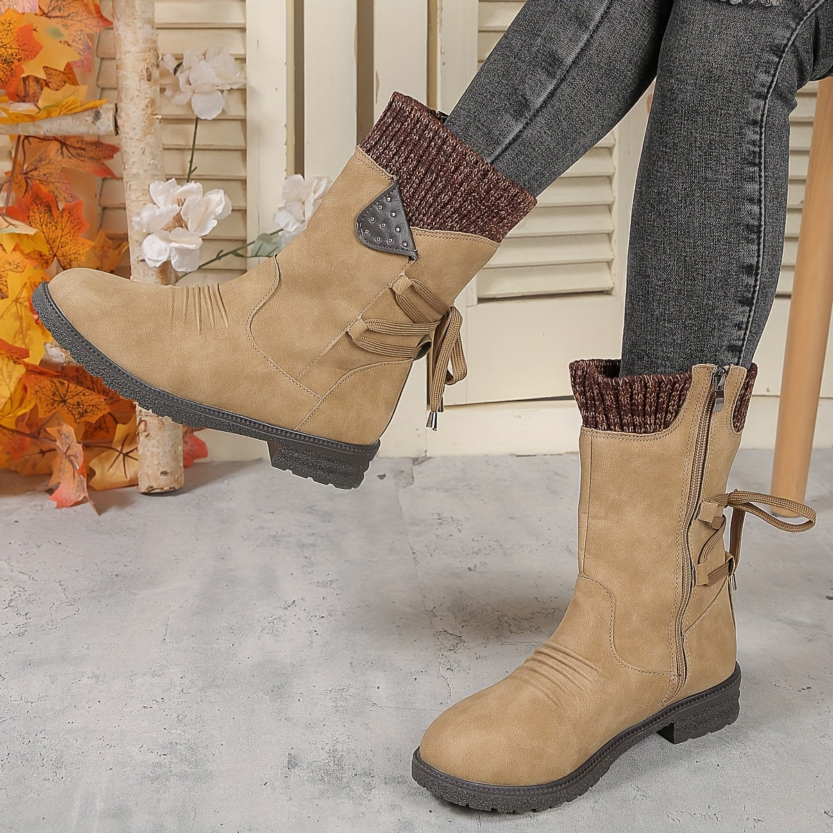 Women's Faux Cover Chunky Heel Ankle Boots with Zip Closure