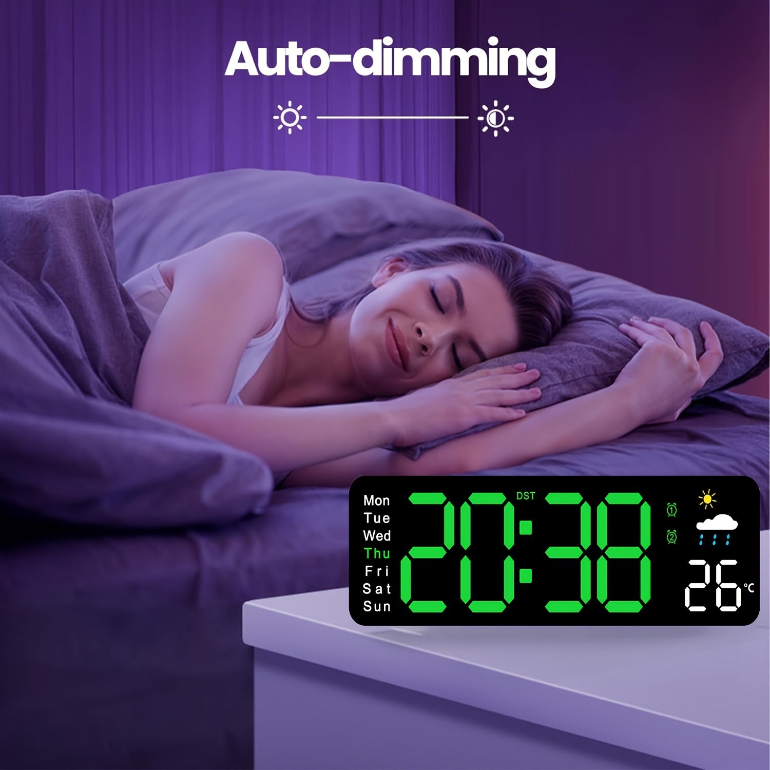 11-Inch Digital Wall Clock with Temperature Date Display Auto Dimming Snooze USB Powered Remote