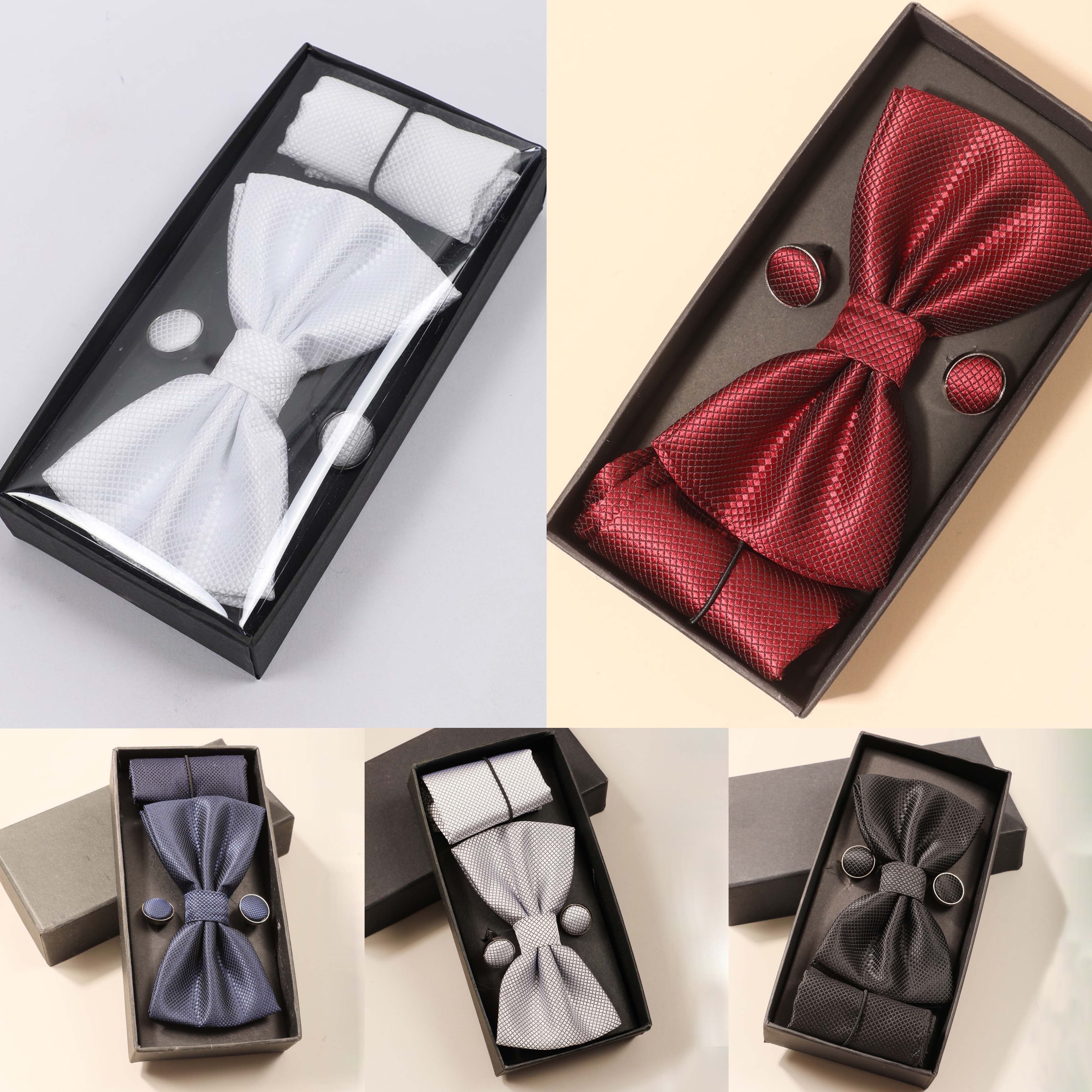 Men's Formal Wedding Bow Tie Set with Pocket Square and Cufflinks