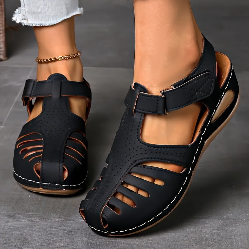 Women's Solid Color Faux Leather Sandals with Cut-Out Design and Cushioned Sole