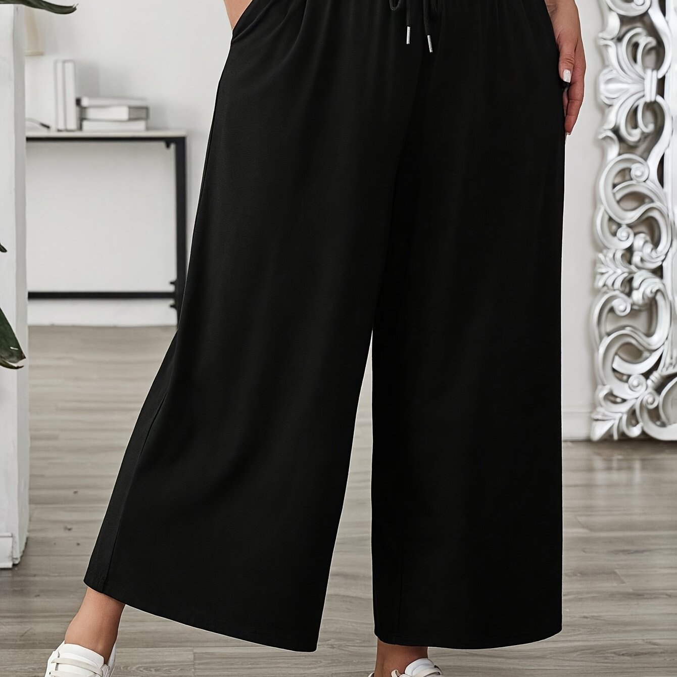 Plus Size Women's Solid Color Elastic Waist Wide Leg Pants Casual Summer