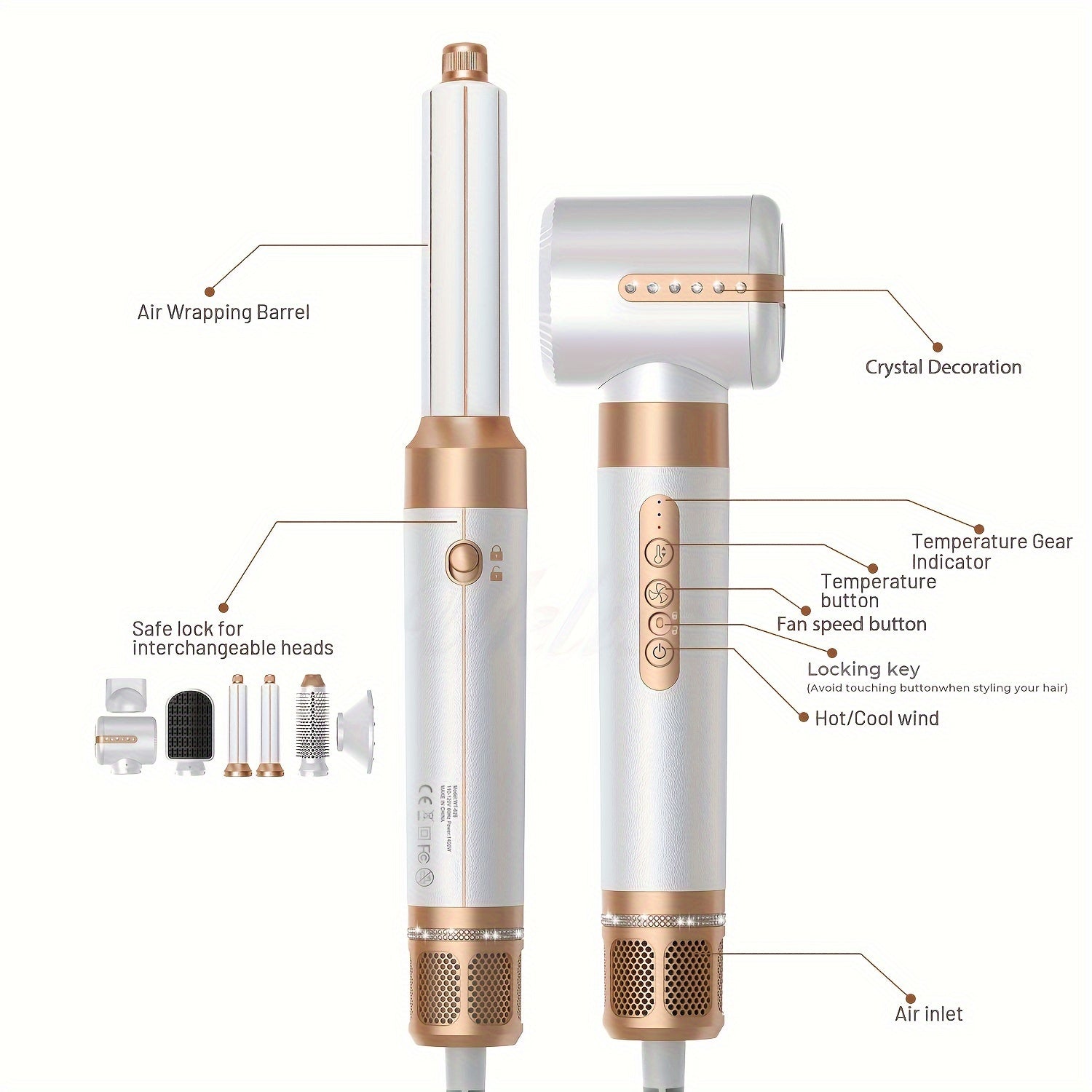 7-in-1 Hot Air Brush Hair Dryer Curling Wand Diffuser Styler Tool 1400W