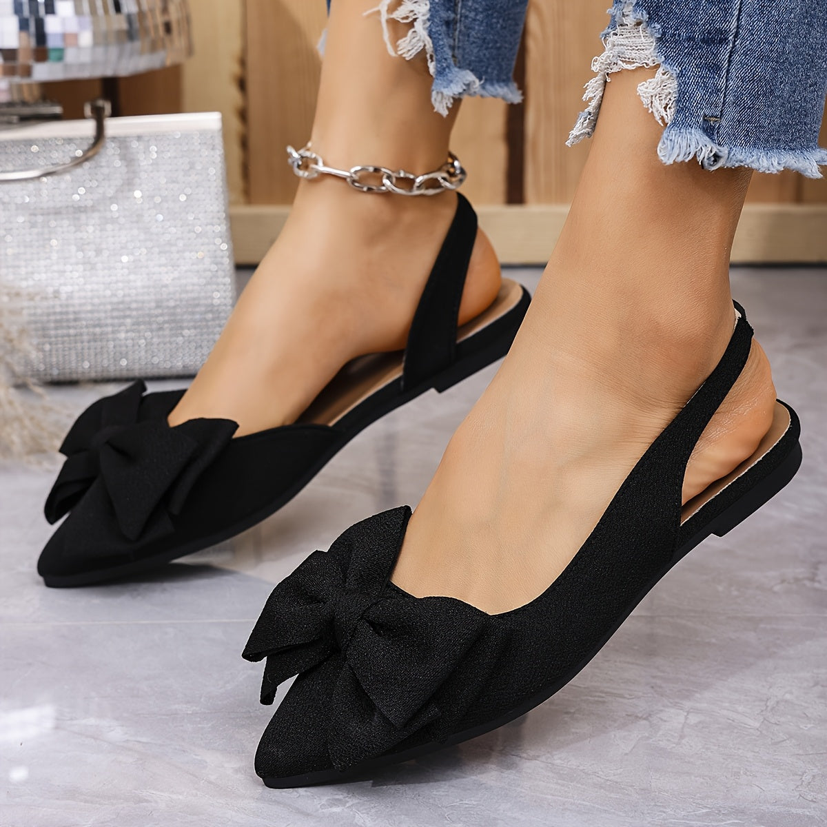 Women's Flat Sandals Bow-Knot Pointed Toe Fabric Upper Rubber Sole All-Season